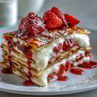 Hier sind drei einzigartige und SEO-optimierte ALT-Texte für das Bild der Erdbeer-Crepes-Torte: