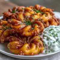 Knusprige Löwenzahnschnecken mit Kräuterdip, serviert auf einem rustikalen Holzbrett.