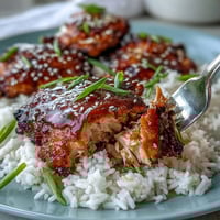 Zarte Honig-Knoblauch-Hähnchenkeulen über fluffigem Reis, perfekt als Hauptgericht.