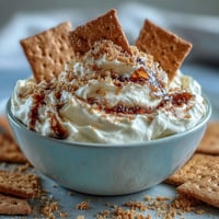 Cremige Cheesecake-Dip mit Graham Crackern, perfekt für Partys oder als süßer Snack.  