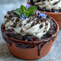 Schokoladen-Brownies in Blumentöpfen mit Oreo-Krümeln, garniert mit essbaren Blüten und frischer Minze für einen verspielten Muttertagsgenuss.
