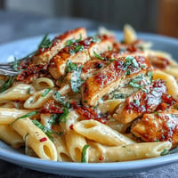 Cremiges Marry Me Chicken Pasta Gericht mit sonnengetrockneten Tomaten und Parmesan.