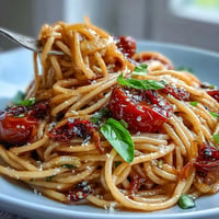 Saftige Cherry-Tomaten-Confit-Pasta mit aromatischem Knoblauchöl serviert.