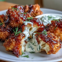 Knusprige vegane Makkaroniflügel in rauchiger BBQ-Sauce mit cremigem Ranch-Dip.